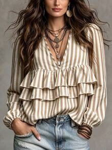 Linhara CURVE Áo blouse nữ size lớn vải dệt kẻ sọc phong cách thường ngày cho mùa thu - Màu Khaki - Xem 3