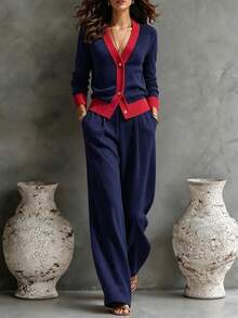 Trelyra Women's Contrast Color Long Sleeve Single-Breasted Knit Cardigan And Knit Pants Casual 2 Pieces Set - Royal Blue - View 4