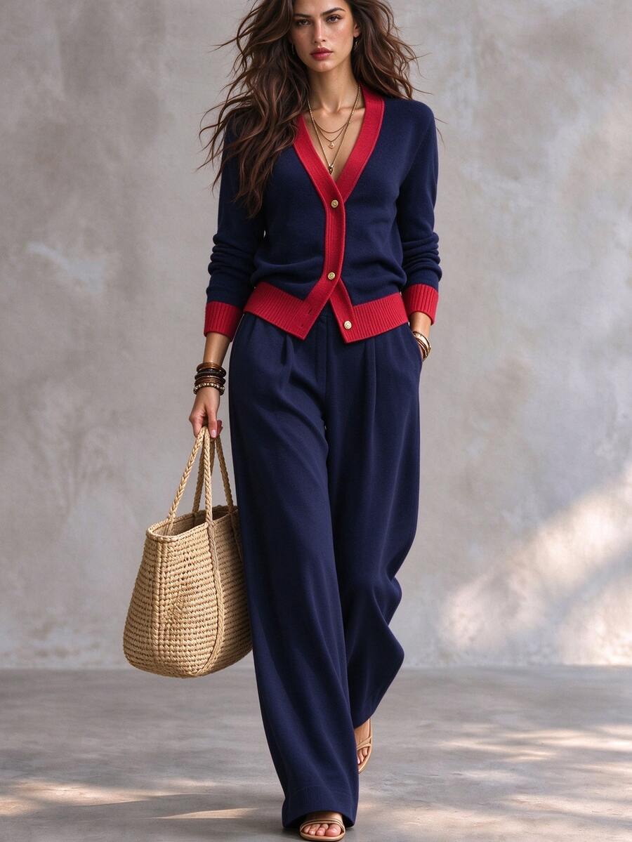 Trelyra Women's Contrast Color Long Sleeve Single-Breasted Knit Cardigan And Knit Pants Casual 2 Pieces Set