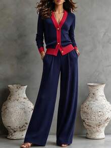 Trelyra Women's Contrast Color Long Sleeve Single-Breasted Knit Cardigan And Knit Pants Casual 2 Pieces Set - Royal Blue - View 5