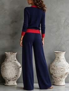 Trelyra Women's Contrast Color Long Sleeve Single-Breasted Knit Cardigan And Knit Pants Casual 2 Pieces Set - Royal Blue - View 3