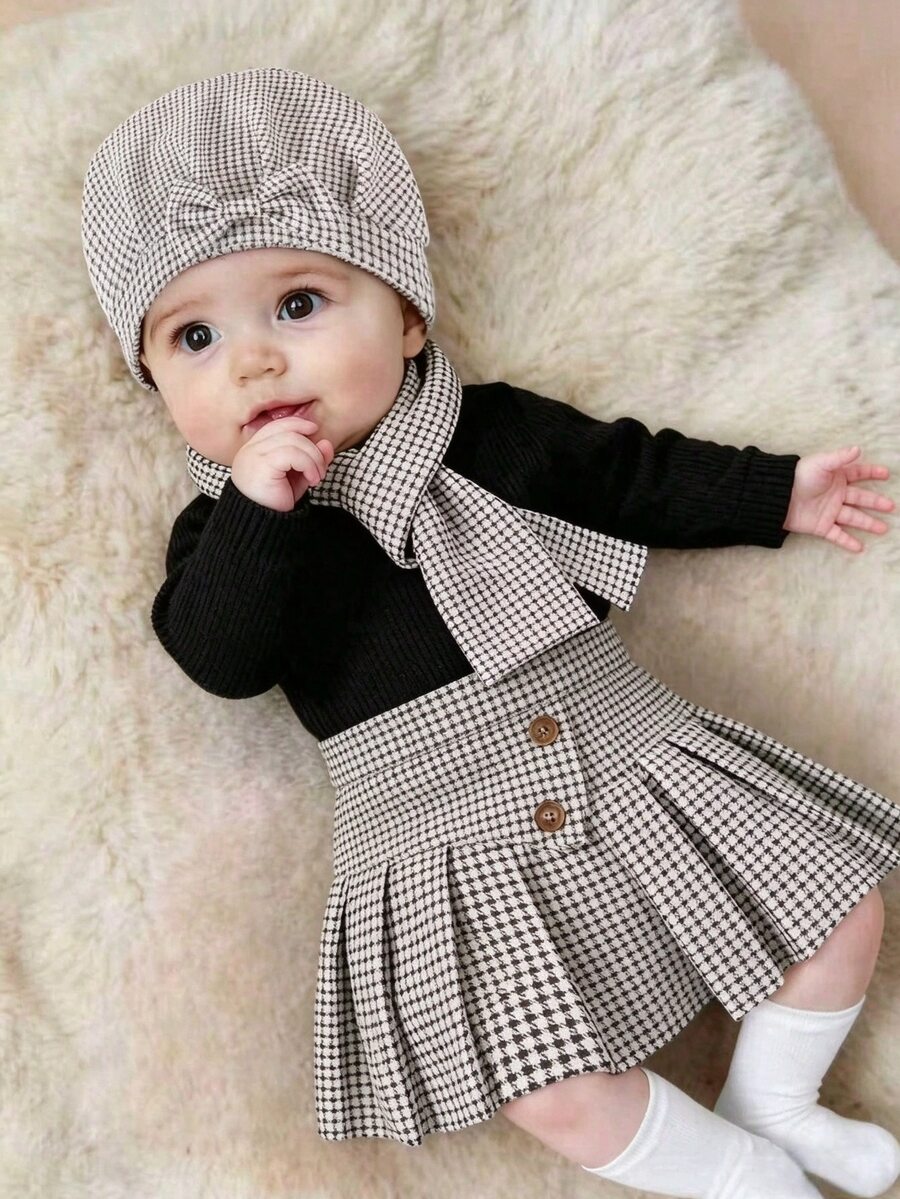 Souflis Souflis 4pcs/Set Baby Girl Elegant Tweed Textured Fabric Skirt, Jacquard Knit Top, Scarf And Hat, Autumn/Winter