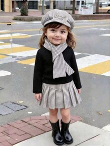 Souflis Souflis 4pcs/Set Baby Girl Elegant Tweed Textured Fabric Skirt, Jacquard Knit Top, Scarf And Hat, Autumn/Winter - Black and White - View 4