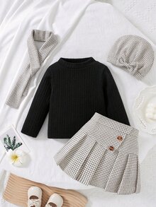 Souflis Souflis 4pcs/Set Baby Girl Elegant Tweed Textured Fabric Skirt, Jacquard Knit Top, Scarf And Hat, Autumn/Winter - Black and White - View 5