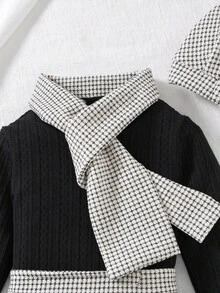 Souflis Souflis 4pcs/Set Baby Girl Elegant Tweed Textured Fabric Skirt, Jacquard Knit Top, Scarf And Hat, Autumn/Winter - Black and White - View 7