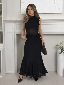 Jemour 2件套优雅淑女风无袖针织背心和长款百褶裙套装 - 黑色 - 查看 3