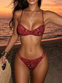 SHEIN Swim 女士亮片超迷你比基尼，性感时尚，酒红色，适合春夏海滩、日光浴、水疗、度假、摄影、泳池派对等场合。 - 彩色 - 查看 4