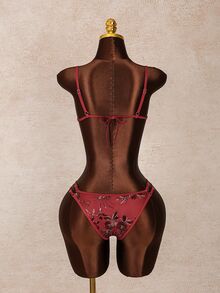SHEIN Swim 女士亮片超迷你比基尼，性感时尚，酒红色，适合春夏海滩、日光浴、水疗、度假、摄影、泳池派对等场合。 - 彩色 - 查看 3