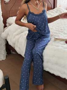 CottageSlumber Women's Knitted Heart Print Camisole, Contrast Lace, Versatile For All Seasons, Casual & Sexy Polka Dot PJS For Women Pajama Party Set For Ladies - Blue - View 5