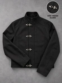 Manfinity Roghcode Men's Solid Color Long Sleeve Casual Simple Jacket With Snap Button Placket Date Night Party Going Out Black Fall, Goth - Black - View 8