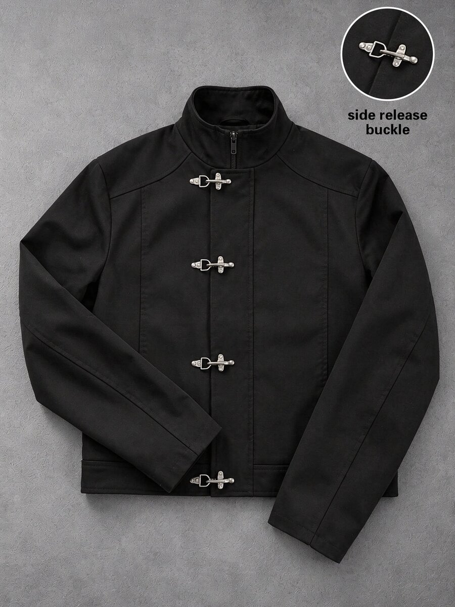 Manfinity Roghcode Men's Solid Color Long Sleeve Casual Simple Jacket With Snap Button Placket Date Night Party Going Out Black Fall, Goth - Black - View 1