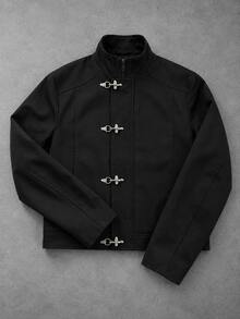 Manfinity Roghcode Men's Solid Color Long Sleeve Casual Simple Jacket With Snap Button Placket Date Night Party Going Out Black Fall, Goth - Black - View 1