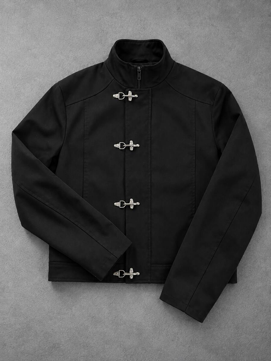 Manfinity Roghcode Men's Solid Color Long Sleeve Casual Simple Jacket With Snap Button Placket Date Night Party Going Out Black Fall, Goth - Black - View 1