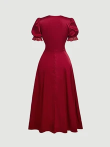 Skyraze Women's Lace Patchwork Pleated Casual Party Midi Dress - Red - View 4