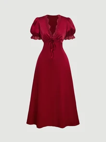Skyraze Women's Lace Patchwork Pleated Casual Party Midi Dress - Red - View 3
