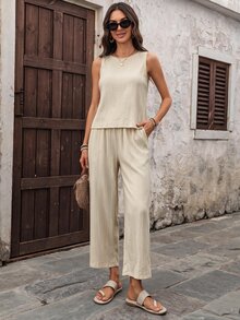 EMERY ROSE Women's Solid Color Back Single-Breasted Button Sleeveless Shirt And Pants Casual Tropical Two Pieces Set Light Beige Summer Vacation - Apricot - View 4