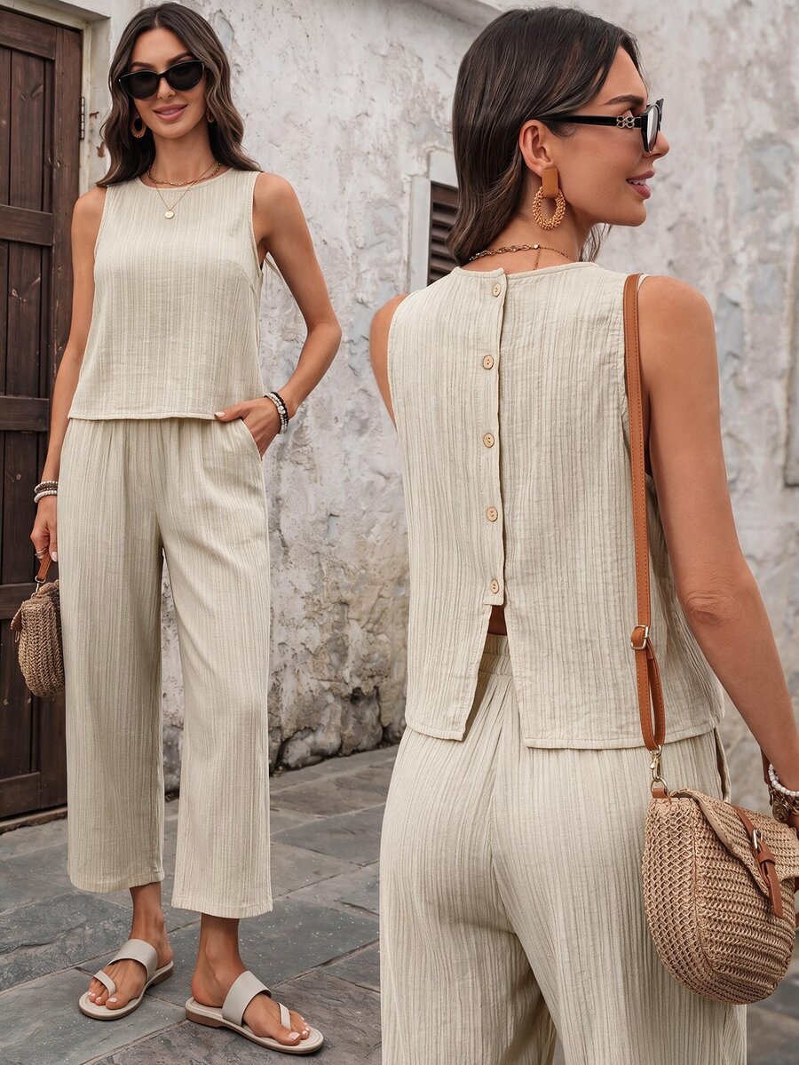 EMERY ROSE Women's Solid Color Back Single-Breasted Button Sleeveless Shirt And Pants Casual Tropical Two Pieces Set Light Beige Summer Vacation - Apricot - View 1