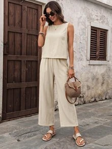 EMERY ROSE Women's Solid Color Back Single-Breasted Button Sleeveless Shirt And Pants Casual Tropical Two Pieces Set Light Beige Summer Vacation - Apricot - View 3