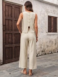 EMERY ROSE Women's Solid Color Back Single-Breasted Button Sleeveless Shirt And Pants Casual Tropical Two Pieces Set Light Beige Summer Vacation - Apricot - View 8