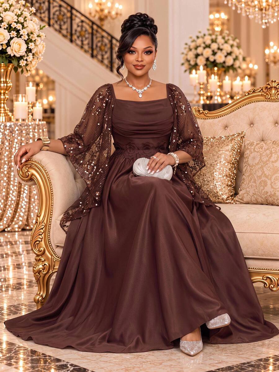 Fleurora Gaun Natal Plus Kontras Berpayet dengan Lapisan Jala Berkerut - Coffee Brown - View 1