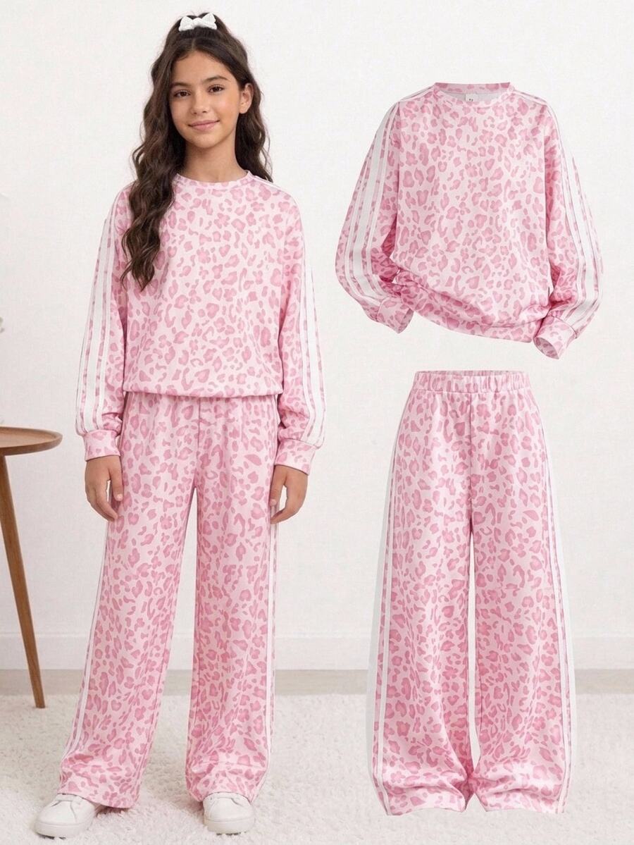 SHEIN 青少年女孩連帽衫與運動衫套裝 秋冬大學街頭時尚 粉色豹紋長袖運動衫搭配寬腿直筒運動長褲套裝 - 淺粉色 - 查看 1