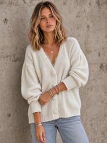 SHEIN LUNE Cardigan Rajut Lengan Panjang Model Bahu Longgar Warna Polos untuk Wanita - Aprikot - View 4