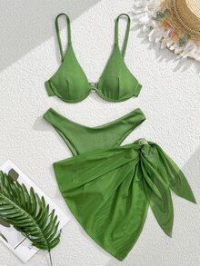 SHEIN Swim 3件套钢圈比基尼套装上衣搭配系带裙摆 - 墨綠色 - 查看 6