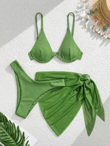 SHEIN Swim 3件套钢圈比基尼套装上衣搭配系带裙摆 - 墨綠色 - 查看 4