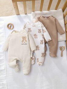 Souflis Souflis 3pcs Newborn White Footed Jumpsuit Set, Cute Cartoon Bear Pattern Knit Pajamas, Fall Autumn/Winter Baby Neutral Outfit, Family Matching Unisex Layette - Multicolor - View 7