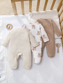 Souflis Souflis 3pcs Newborn White Footed Jumpsuit Set, Cute Cartoon Bear Pattern Knit Pajamas, Fall Autumn/Winter Baby Neutral Outfit, Family Matching Unisex Layette - Multicolor - View 3