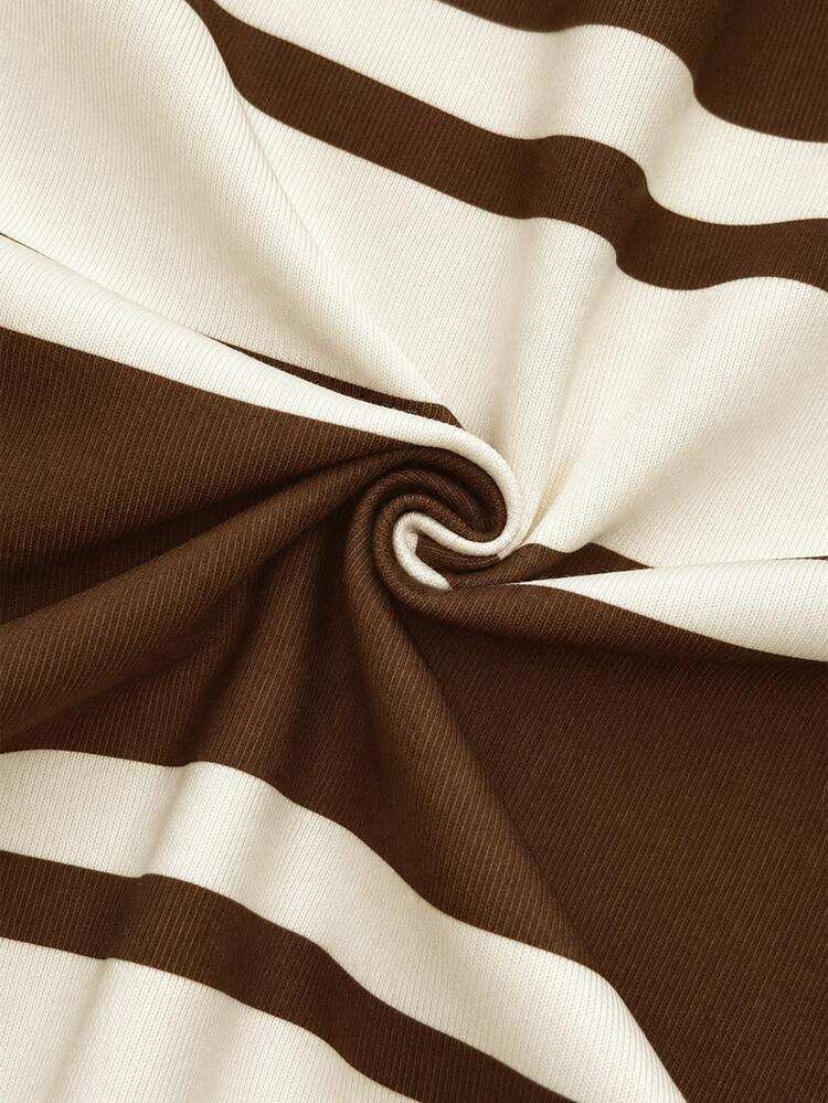 QUELARIE Plus Size American Vintage Half-Zip Striped Niche Sweatshirt Fall - Coffee Brown - View 6