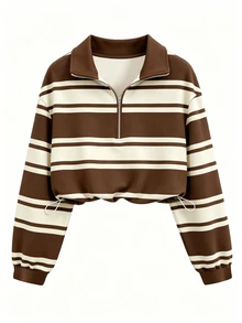 QUELARIE American Vintage Colorblock Striped Half-Zip Niche Sweatshirt - Brown - View 1