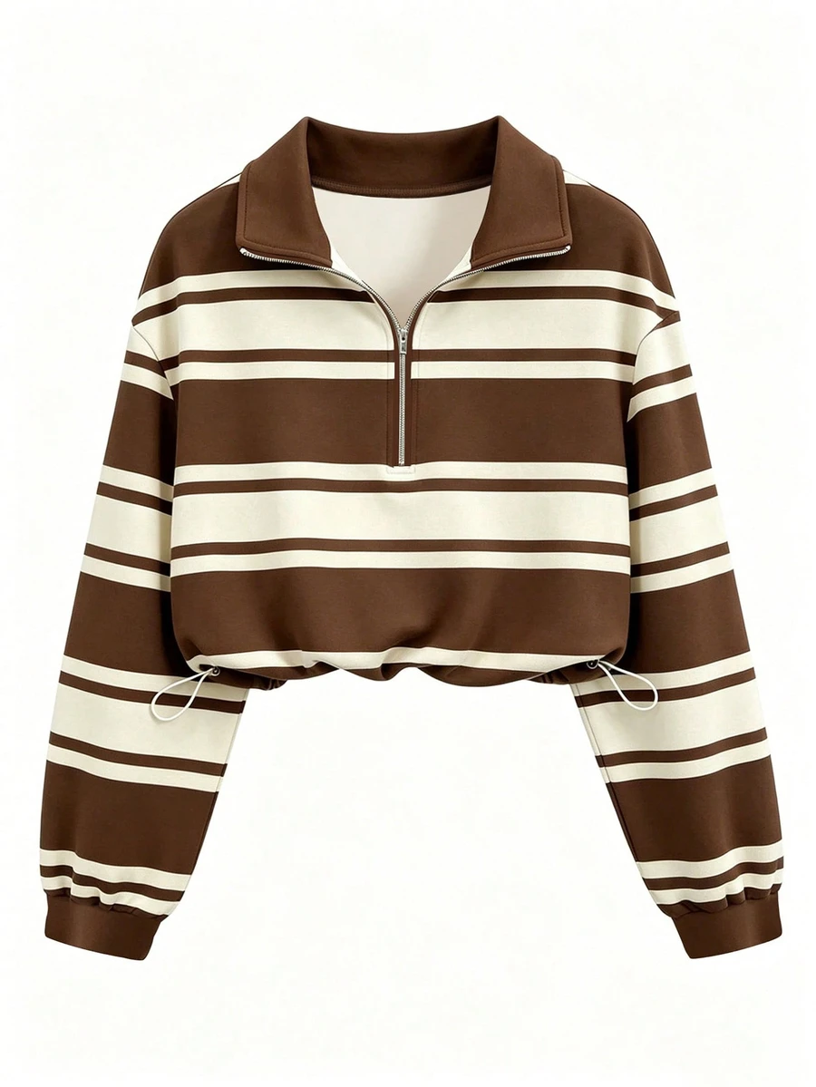 QUELARIE American Vintage Colorblock Striped Half-Zip Niche Sweatshirt - Brown - View 1