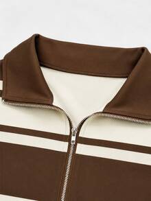 QUELARIE American Vintage Colorblock Striped Half-Zip Niche Sweatshirt - Brown - View 3