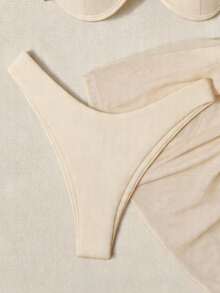 Swim Basics 女款夏季海灘純色掛脖綁帶性感比基尼三角泳褲泳衣套裝附迷你裙 - 白色 - 查看 4