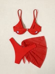 SHEIN Swim Women's Summer Beach Solid Color Sexy Bikini 3 Pieces Set With Tankini Top And Skirt, Includes Underwire - Red - View 5