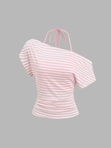 Sweetra Women's Summer Vacation Style Asymmetrical Shoulder Striped Tank Top With Sheer Back - Pink - View 4