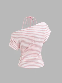 Sweetra Women's Summer Vacation Style Asymmetrical Shoulder Striped Tank Top With Sheer Back - Pink - View 3