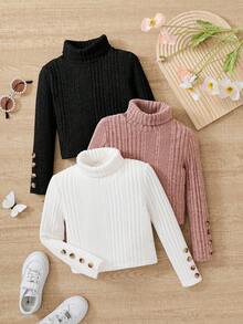SHEIN Girlism Tween女孩 3件/包 品牌促銷 - 買1送2 高領羅紋長袖針織冬季上衣，附鈕扣 - 彩色 - 查看 6