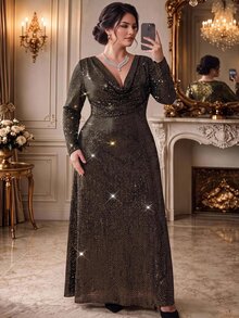 Rometta Plus Size Women's Elegant Luxurious Comfortable Gold-Trimmed Black Base Draped V-Neck Long Sleeve Bodycon Mermaid Mid-Length Dress, Versatile For Daily Wear And Multiple Occasions - Black - View 3