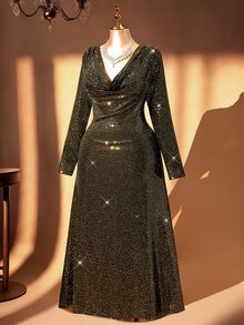Rometta Plus Size Women's Elegant Luxurious Comfortable Gold-Trimmed Black Base Draped V-Neck Long Sleeve Bodycon Mermaid Mid-Length Dress, Versatile For Daily Wear And Multiple Occasions - Black - View 2