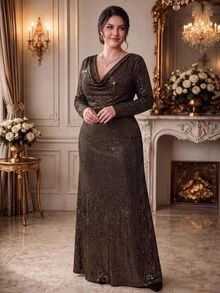 Rometta Plus Size Women's Elegant Luxurious Comfortable Gold-Trimmed Black Base Draped V-Neck Long Sleeve Bodycon Mermaid Mid-Length Dress, Versatile For Daily Wear And Multiple Occasions - Black - View 7