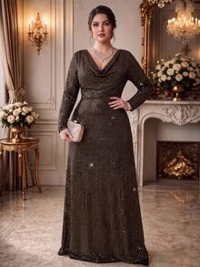 Rometta Plus Size Women's Elegant Luxurious Comfortable Gold-Trimmed Black Base Draped V-Neck Long Sleeve Bodycon Mermaid Mid-Length Dress, Versatile For Daily Wear And Multiple Occasions - Black - View 9