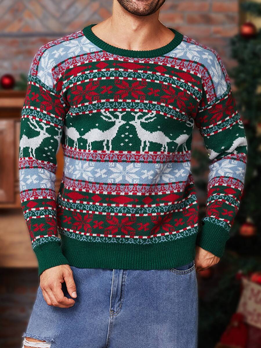 Manfinity Homme 男士鹿紋圓領長袖休閒毛衣 情侶款聖誕配色 老錢風 - 彩色 - 查看 1