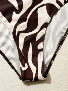 SHEIN Swim Women's One-Piece Swimsuit,Brown Zebra Print,Summer,Sexy Tropical,Beach,Solid Color Mesh Patchwork,Asymmetric One Shoulder Backless Design - Multicolor - View 7