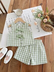 SHEIN 2pcs Young Girl Woven Striped Round Neck Top And Woven Shorts Set - Green - View 6