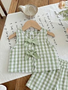 SHEIN 2pcs Young Girl Woven Striped Round Neck Top And Woven Shorts Set - Green - View 5
