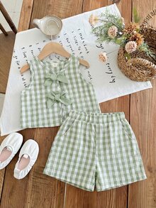 SHEIN 2pcs Young Girl Woven Striped Round Neck Top And Woven Shorts Set - Green - View 3