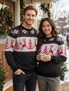 Manfinity Homme Men's Christmas Pattern Casual Daily Wear Long Sleeve Sweater , Old Money - Black and White - View 2