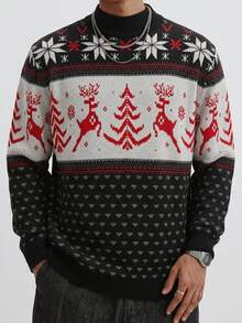 Manfinity Homme Men's Christmas Pattern Casual Daily Wear Long Sleeve Sweater , Old Money - Black and White - View 7